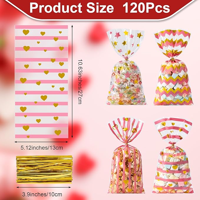 Aegero Valentines Cellophane Bags 120pcs Valentines Candy Bags with 140pcs Twists for Valentine's Candy Cookie Goodie Snack Bag for Valentines Day Wedding Party Favor Supplies,Classroom Parties Valentine03-Gold Powder Heart