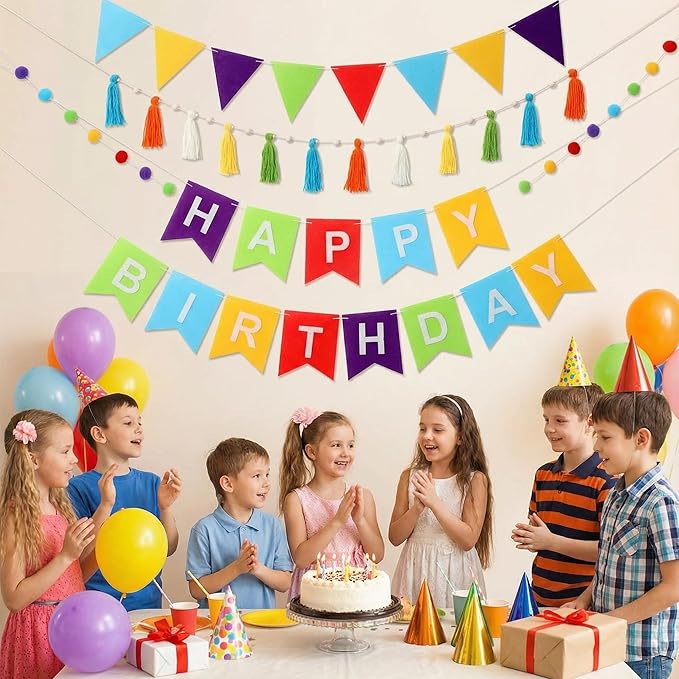 139 Pcs Felt DIY Custom Banner Kit Include 104 Letters 18 Swallowtail Flags 15 Pennants 2 Pcs Pom Pom Garland Tassel Pompom Decoration for Home Baby Shower Birthday(Rainbow)
