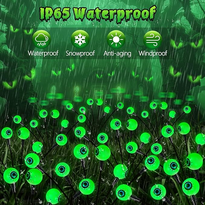 6 Pack Solar Eyeball Lights for Halloween Decorations Outdoor, 36 LED Green Eyeball Solar Halloween Lights, Waterproof Swaying Firefly Lights with 2 Modes for Pathway Patio Yard Lawn Garden Decor