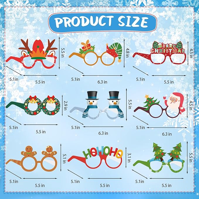 12PCS Christmas Glasses, Funny Christmas Party Paper Glasses Photo Booth Props Holiday Eyeglasses Frames for Xmas Party Supplies Decorations