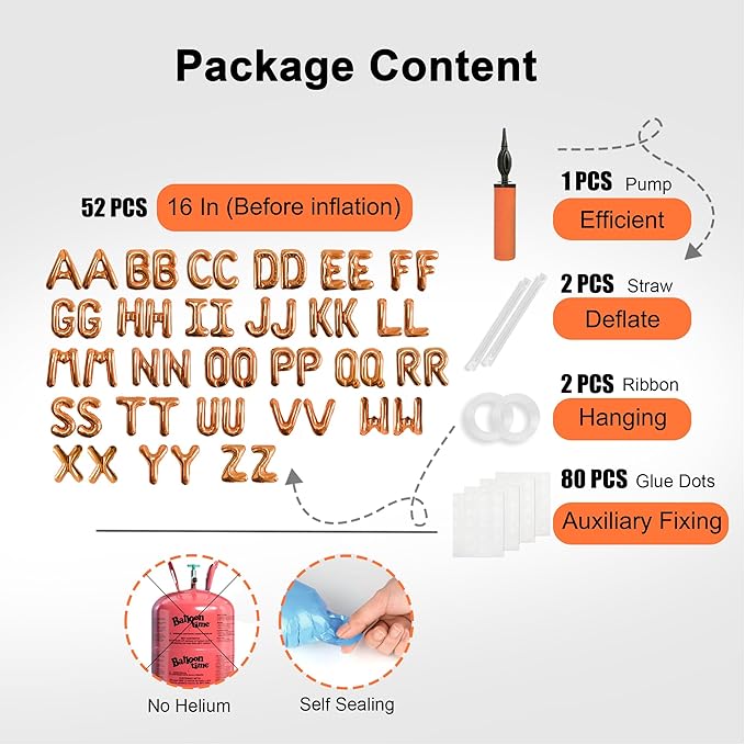 52 pcs Orange Foil Letter Balloons with Air Pump, 16 Inch 2 A-Z Sets - Mylar Alphabet Balloon Kit for Birthday Banner & Party Decorations