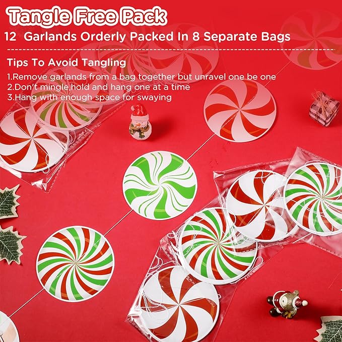 Faccito 8 Pcs Christmas Peppermint Candy Hanging Decorations Christmas Ceiling Decorations Paper Garland for Xmas Party Winter Holiday Birthday Decor (Red Green Candy)