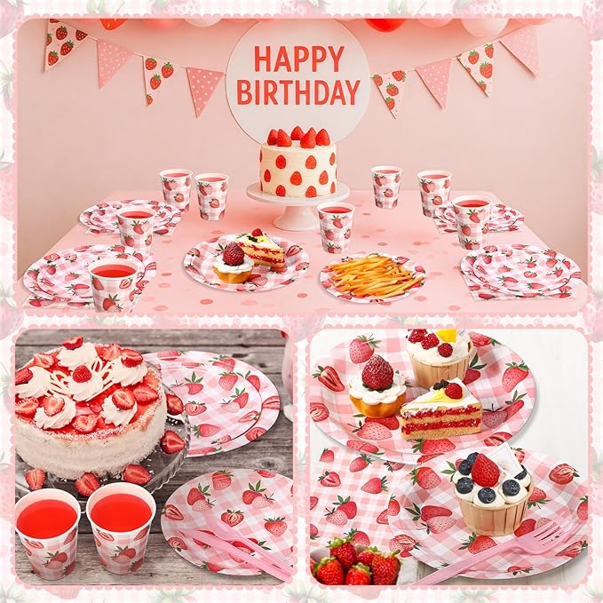 Honeydak 210 Pcs Strawberry Party Supplies for 30 Guests, Includes Plates, Cups, Napkins, Cutlery - Strawberry Birthday Tableware Decoration for 1st Birthday, Summer Fruit Party