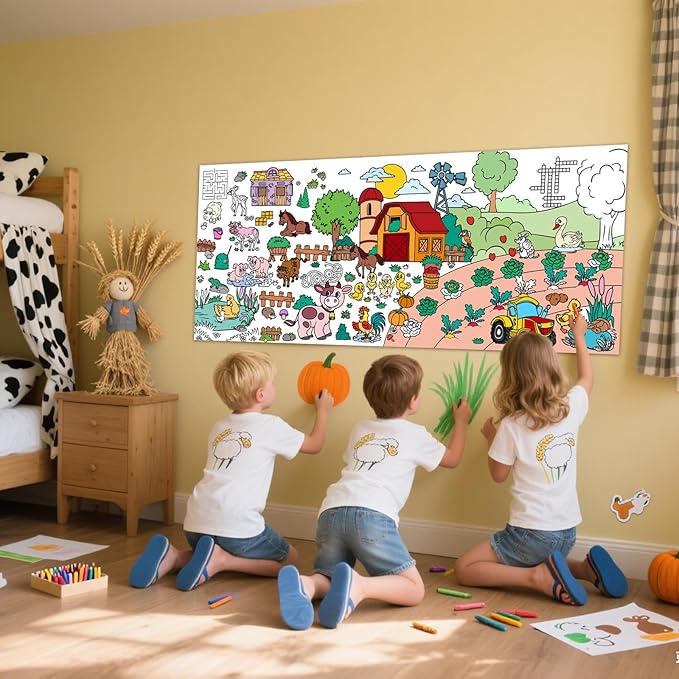 Farm Animal Party Giant Coloring Poster, 72 x 30 Inches Large Coloring Tablecloth Animals Drawing Roll Paper for Kids Farm Animals Themed Activity Wall Home Classroom Party Suppiles
