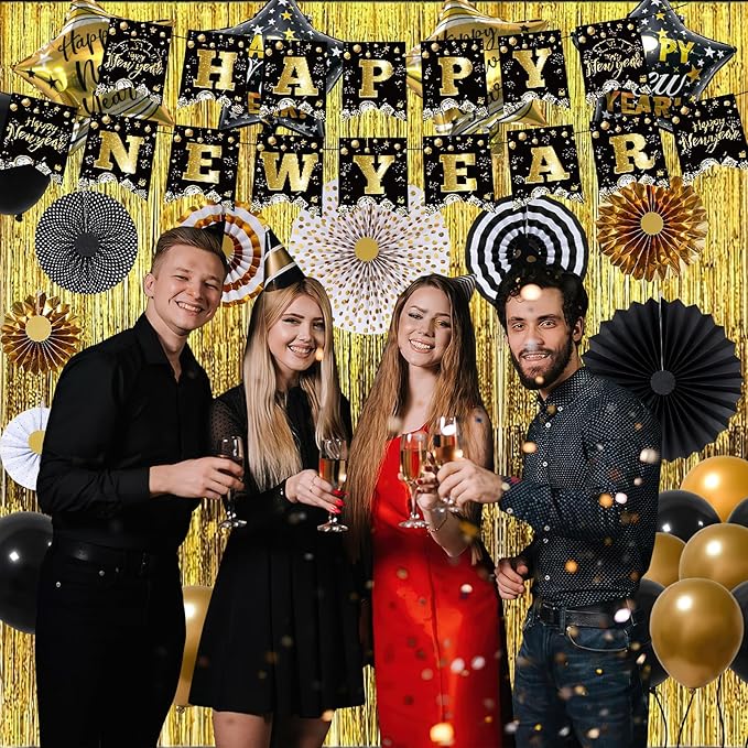 Happy New Year Decorations 2026 Set, Glitter Happy New Year Banner, Gold Fringe Curtain Backdrop Paper Fans New Year Balloons for New Years Eve Party Supplies 2026