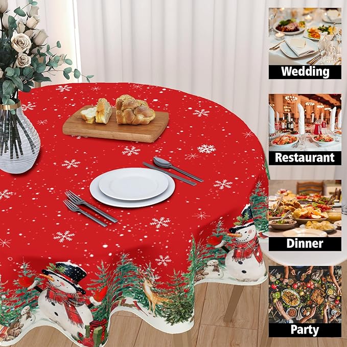 Christmas Tablecloth Round 60 Inch Red Winter Snowman Snowflake Table Cloth Farmhouse Xmas Tree Snow Table Cover for Kitchen Dinner Room Holiday Party Indoor Outdoor Home Christmas Decor