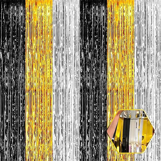 3 Pack Black Gold Silver Foil Fringe Curtain Backdrop, 3.28Ft x 8.2Ft Metallic Tinsel Foil Fringe Streamer Curtains for Photo Booth, Mother's Day, Easter, Birthday, Wedding Party Decorations