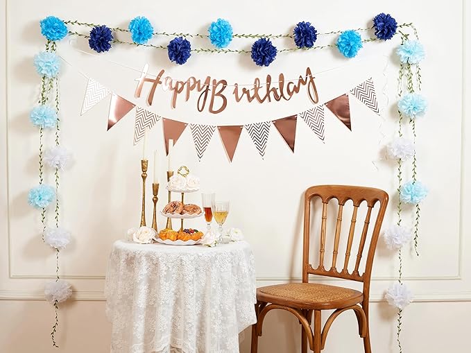 Sahoottie 2 Pc White and Blue Hanging Paper Flower Garland, 8.2 FT Ombre Tissue Paper Flower Garland, Blue Pom Pom Garland for Beach Wedding Backdrop Ocean Themed Party Bridal Shower