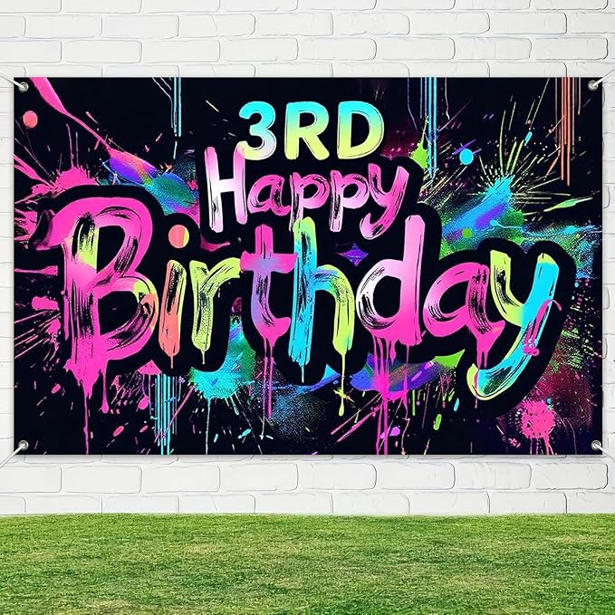 Neon 3rd Happy Birthday Banner 71x43 Inch Paint Splatter Glow in The Dark Wall Decor for Kids Boys Girls Birthday Party Photo Booth Background Supplies and Celebration Decorations