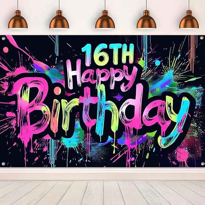 Glow in The Dark 16th Birthday Banner 71x43 Inch Colorful Paint Splatter Backdrop for Teen Boys Girls Fourteenth Party Decorations Neon Wall Decor Celebration Photo Booth Props Supplies