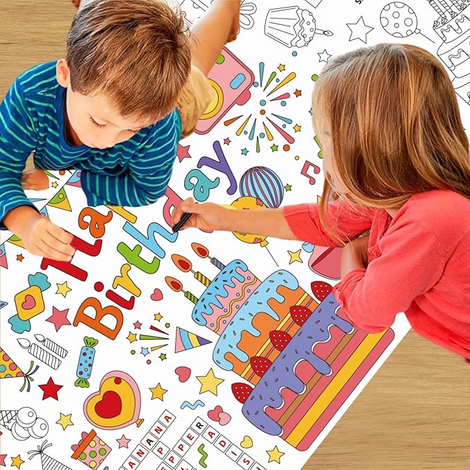 30x72 Inches Happy Birthday Giant Coloring Poster, Drawing Paper Coloring Tablecloth, Birthday Activity Poster/Table Cover, Party and Special Events Decoration, Party Games for Kids