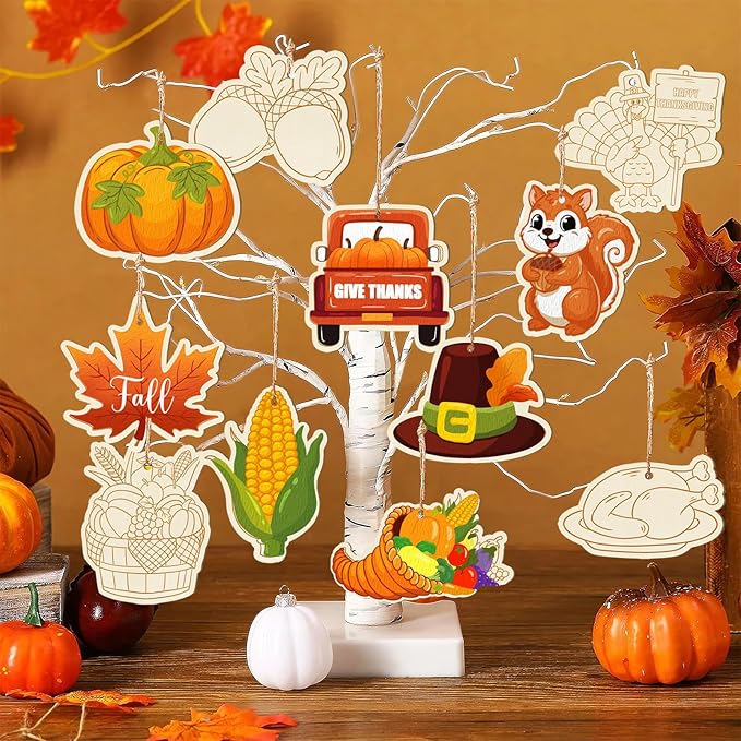 36PCS Wooden Thanksgiving Decoration Fall Ornaments to Paint Happy Thanksgiving Crafts Cutouts Unfinished, DIY Blank Fall Unfinished Turkey Maple Leaf Truck Pumpkin Ornament for Home Harvest Hanging