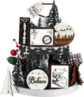 Christmas Tiered Tray Decor Wooden Sign Farmhouse Tier Tray Decorations for Home Xmas Winter Party Bathroom Kitchen Bedroom (Stylish Style, 15 Pcs)
