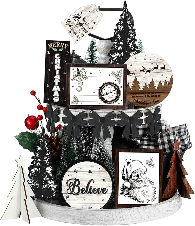 Christmas Tiered Tray Decor Wooden Sign Farmhouse Tier Tray Decorations for Home Xmas Winter Party Bathroom Kitchen Bedroom (Stylish Style, 15 Pcs)