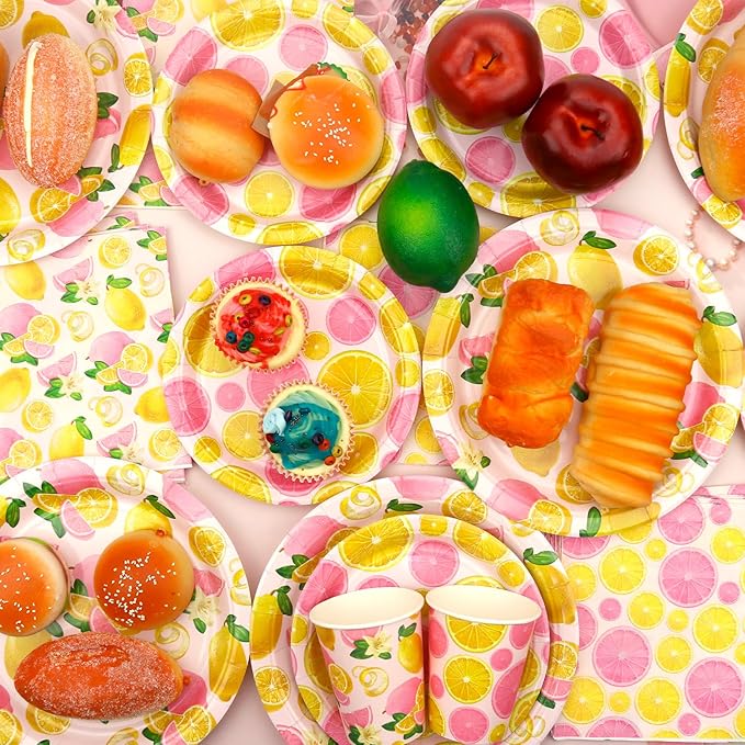 Pink Lemon Party Decoration - Lemon Birthday Party Tableware Supplies Includes Plates, Cups, Napkins, Tablecloth, Straws (20)