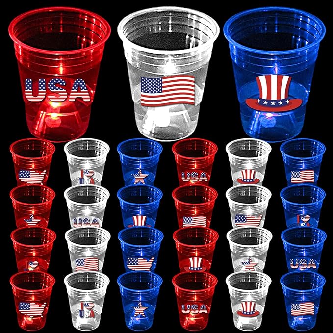 mishunyus 40 Pcs Glow Patriotic Party Decorations, 4th of July Party Cups Pack, USA Citizenship Party Supplies for Memorial Day, Independence Day, Veterans Day(16 oz)