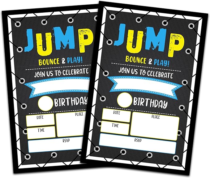 CLIRBE Trampoline Jump Birthday Party Invitations, Birthday Invitations For Boys, Kids Boy Birthday Invitation, 20 Invitations with 20 Envelopes - E03