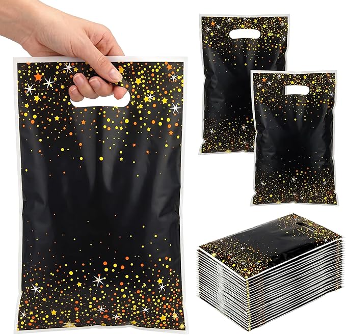 50 PCS Black and Gold Party Favor Gift Bags, Plastic Bags with Handles,Candy Snack Cookie Bags, Party Gift Bags Bulk for New Year Christmas Party Favors Supplies Graduation Decorations Baggies