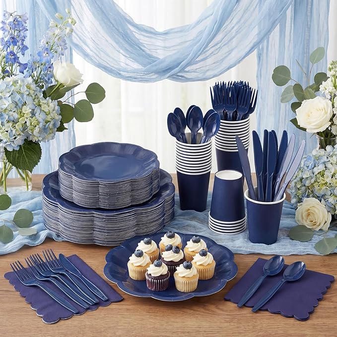 350 Pcs Navy Blue Plates and Napkins Set, 50 Guest Navy Blue Party Supplies Include Scalloped Plate Paper Napkin Cup Forks Knives Disposable Plastic Cutlery for Wedding Baby Shower Birthday Party