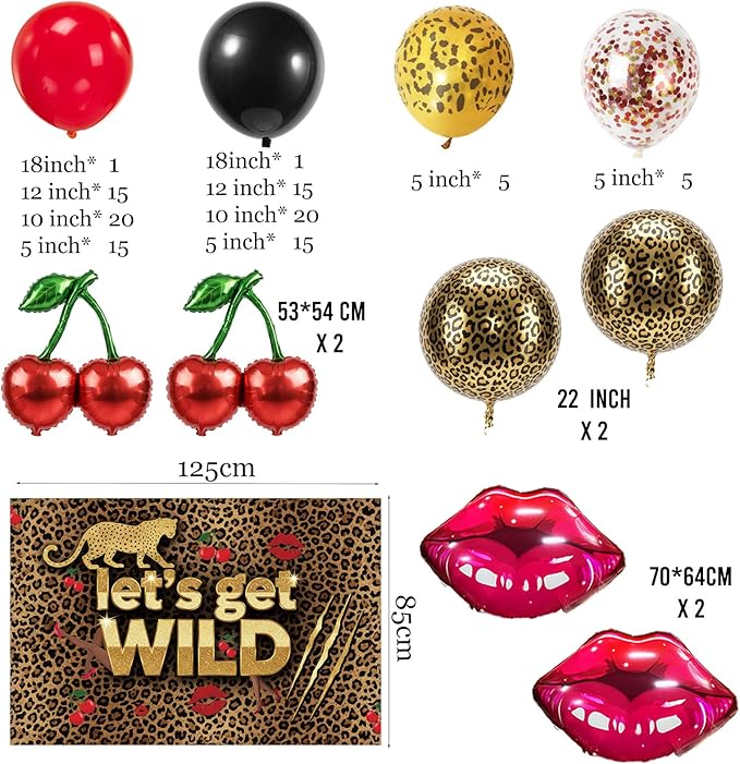 Red Black cheetah Balloon Garland Arch Kit Cherry Birthday Decorations with leopard print backdrop Cheetah Print Cherry mylar Balloons for Girl birthday Baby Shower Bachelorette Party supplies