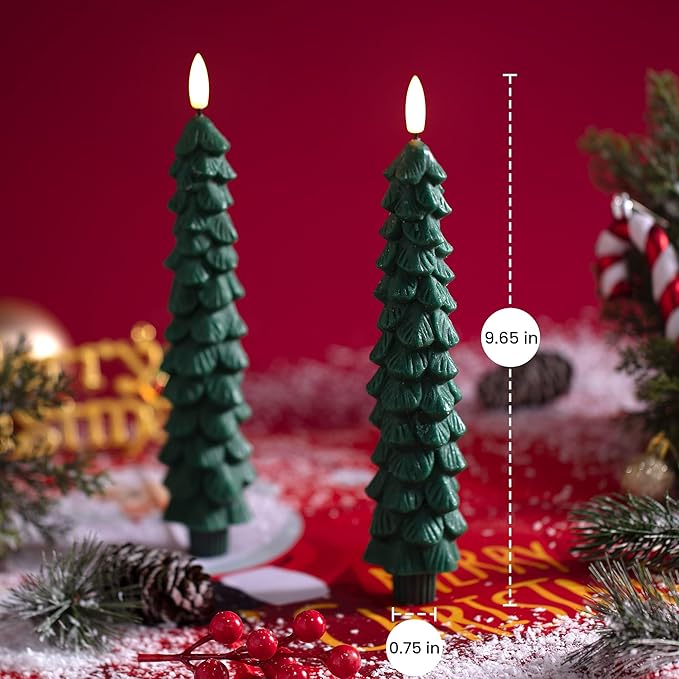 4 PCS Flameless Christmas Tree Candles with Remote Timer, Real Wax Flameless Taper Candles 9.65 Inch, LED Candlesticks with 3D Flickering Flame, Christmas Decor Candles Battery Operated