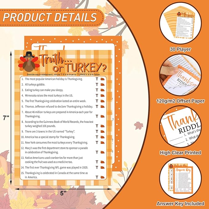COCHIE 30 Players Thanksgiving Games for Family Party Adults Office Large Groups, Truth or Turkey Games, Autumn Riddles Game, Fall Classroom Activities with Answer Key (Thanksgiving C)
