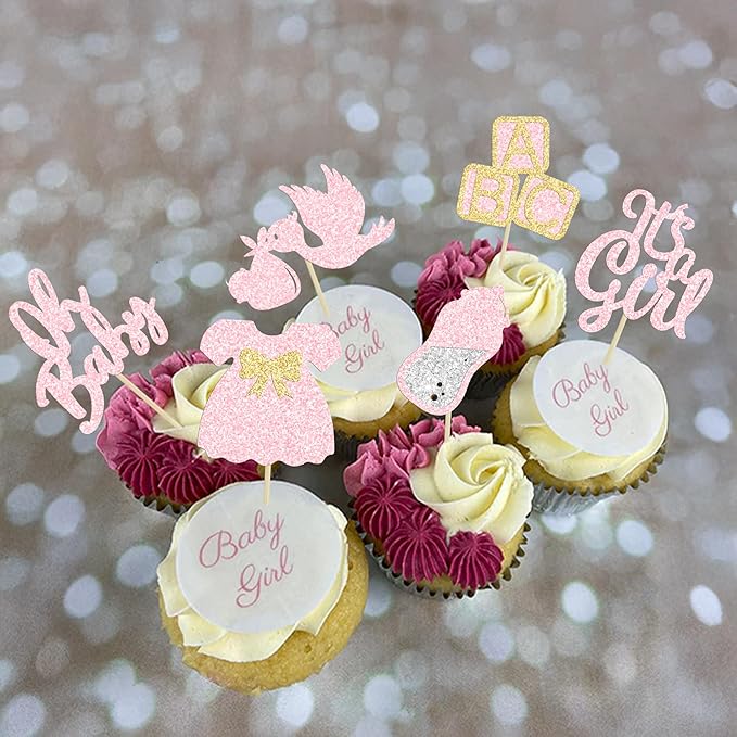 24Pcs Oh Baby Cupcake Toppers It's a Girl Cupcake Toppers with Bow Dress Bottle Swan Light Pink Glitter Babyshower Gender Reveal Cake Picks Decorations for Baby Shower Girl Birthday Party Supplies