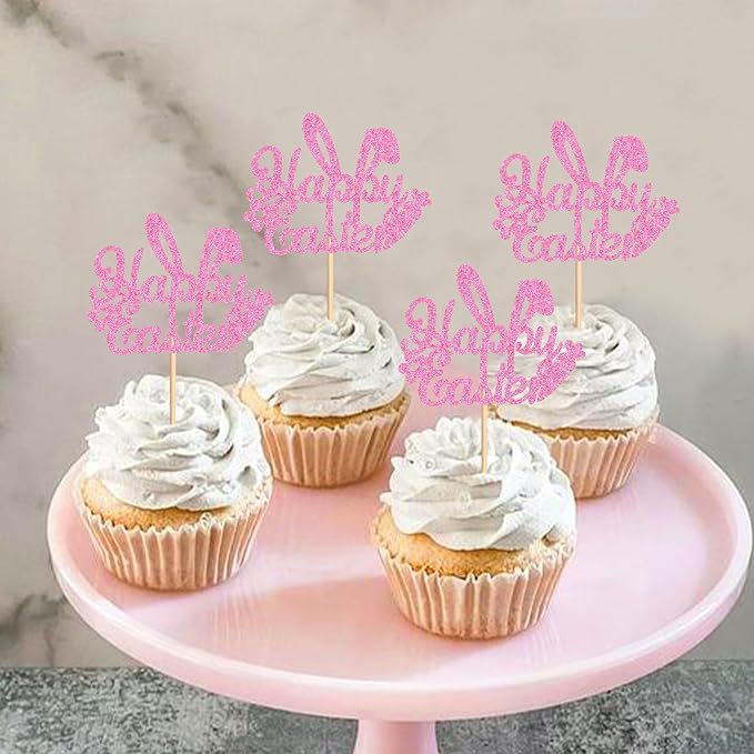 Ercadio 24Pcs Happy Easter Cupcake Toppers Glitter Pink Happy Easter Bunny Ears Cupcake Picks for Easter Day Theme Baby Shower Easter Birthday Party Cupcake Decorations