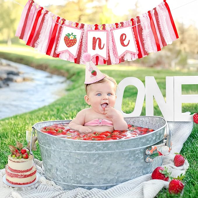 Berry First Birthday High Chair Banner One High Chair Banner Girl Photo Backdrop First Birthday Decorations for Girl Wall Hanging Decorations for Kids Bedroom, Red/Pink