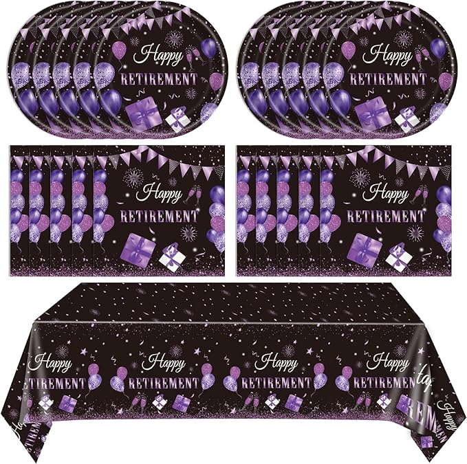 41PCS Purple Retirement Party Decorations Happy Retirement Plates and Napkins Table Cloth Disposable Tableware Kit for Women Say Goodbye Party Supplies