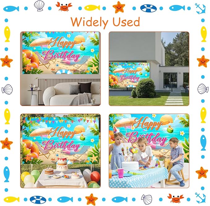 Summer Happy Birthday Banner Decorations, Backdrop Decor Supplies, Happy Sign for Backdrop, Large Beach Theme Birthday Banners Supplies Suitable for Any Lively Theme Party Event