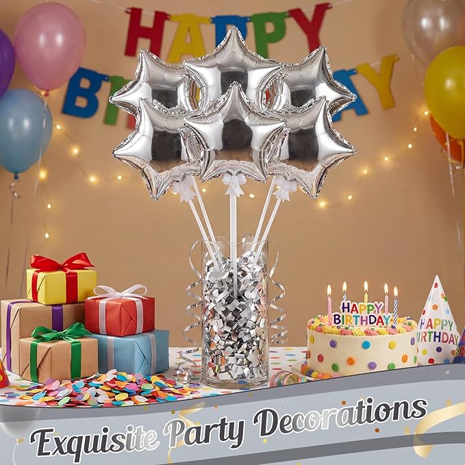 30 Pcs Star Self Inflatable Balloons with Bow Stems Star Foil Balloons Mini Pentagram Decoration for Patriotic Independence Day Graduation Birthday Baby Shower Anniversary(Silver,4 Inches)