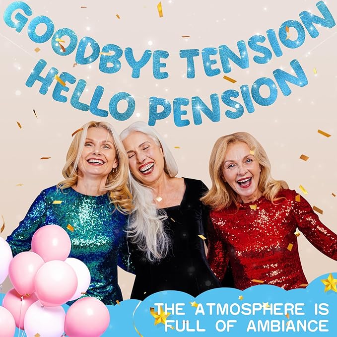 Retirement Banner Pre-Strung GOODBYE TENSION HELLO PENSION Banner Glitter Retirement Party Supplies Decorations for Women Men Office Home Decor (Dark blue)