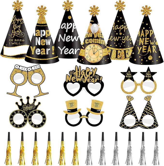Openfly 24Pcs New Years Eve Party Supplies 2026 Happy New Years Party Headband Hats New Year Glasses New Year Noise Makers
