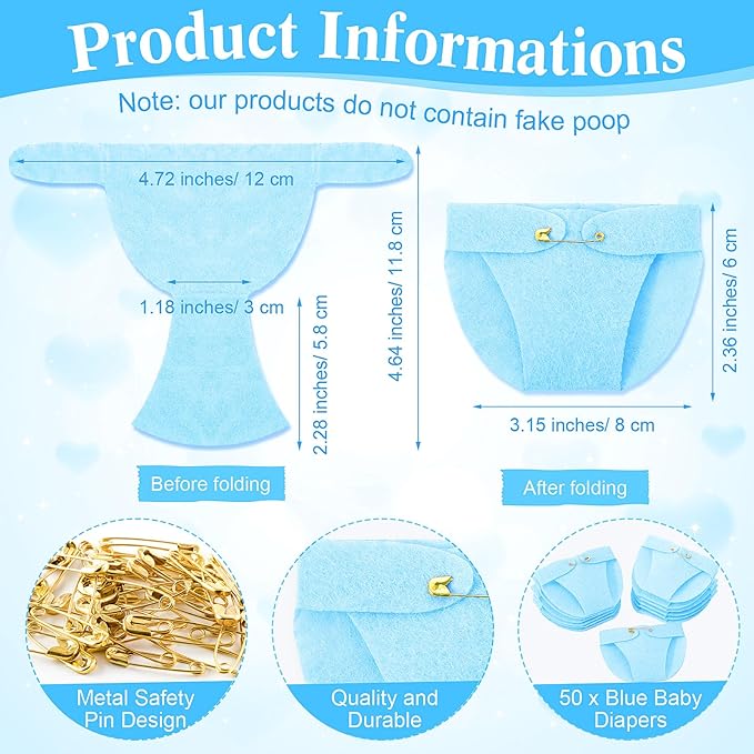 Roowest 51 Pcs Dirty Diaper Baby Shower Games Funny Wooden Sign with 50 Pcs Mini Diapers Cute Felt for Gender Reveal Party Baby Shower(Animals Blue)