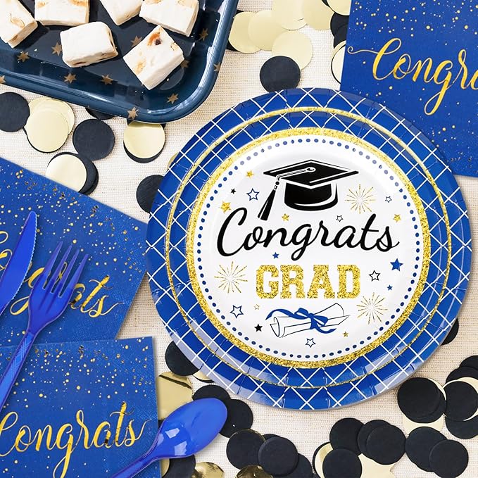 Whaline 175 Pcs Graduation Party Supplies, Paper Plates and Napkins Set, 25 Guests Blue Congrats Grad Disposable Tableware Include Plate Napkin Cup and Cutlery for Party Table Decor