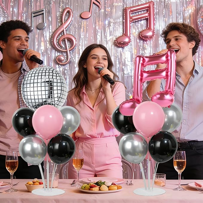4 Sets Music Party Balloons Stand Kit with Music Note Guitar Disco Ball Colorful Heart Foil Balloons Concert Party Balloon Centerpiece for Tables for Indoor Outdoor Birthday Kpop Decorations