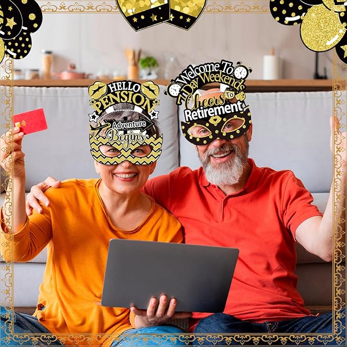 24 Pcs Retirement Party Decorations Paper Glasses and Headband Set for Men Women, Black Gold Happy Retirement Party Supplies, Funny Farewell Retired Photo Props Decor