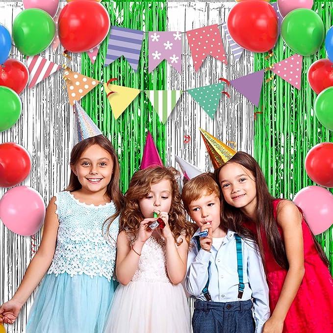 6 Pack Silver Green Foil Fringe Curtains Backdrop, 3.28 x 9.8 Ft Metallic Streamers Tinsel Curtains Background for Photo Booth, Birthday, Halloween, Christmas, Thanksgiving, New Year Party Decorations