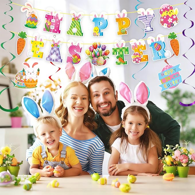 52 Pcs Easter Banner, Happy Easter Garland with Hanging Swirls, Cute Egg Bunny Sign Decorations for Office Home, Easter Party Supplies