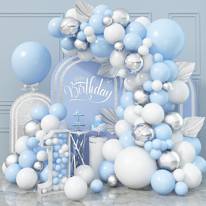 Blue White Balloon Arch Kit Baby Blue White Silver Balloon Garland 4D Silver Foil Balloons Pastel Light Blue Silver Latex Balloons Christening Boy Birthday Baby Shower Party Decorations QQ-113