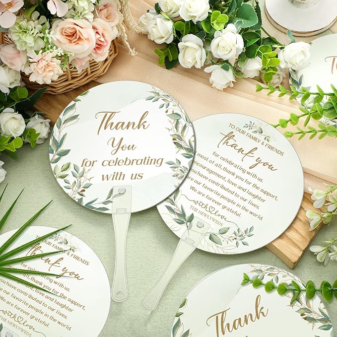 100 Pcs Wedding Hand Fans for Guests Bulk Decorative Plastic Handheld Wedding Favor Fans with Handle Thank You for Celebrating with Us for Ceremony Bridal Shower Party Decor(Leaf)
