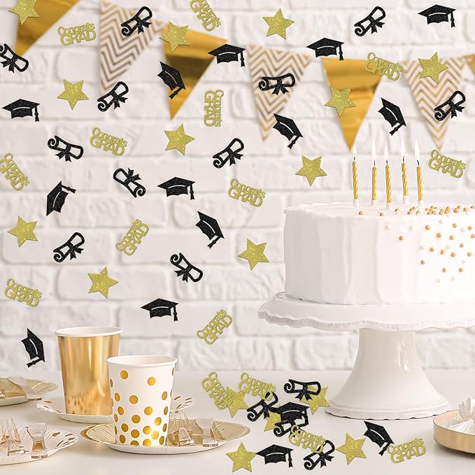 120pcs Congrats Grad Confetti - Class of 2025 Graduation Party Sign - High School College Graduation Party Table Decoration Scatters - Black & Gold Glitter