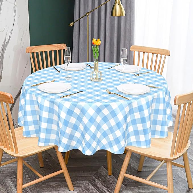 Mulbozy 2 Pcs Light Blue Gingham Round Tablecloth, 84 inches Disposable Plastic Light Blue and White Checkered Circle Table Covers for Baby Shower Wedding Bridal Shower Birthday Party Decorations