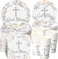 Pickmesh 250 Pcs Silver God Bless Baptism Tableware Set First Holy Communion Baptism Disposable Cross Floral Paper Plates Napkins and Cups for Christening Celebration Baby Shower Religious Supplies
