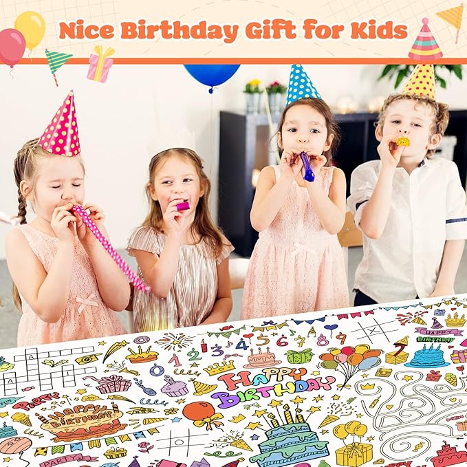 GWHOLE Happy Birthday Coloring Tablecloth, 40x28 Inch Coloring Poster Coloring Table Cloth for Kids Gift Birthday Parties, Classroom Activities
