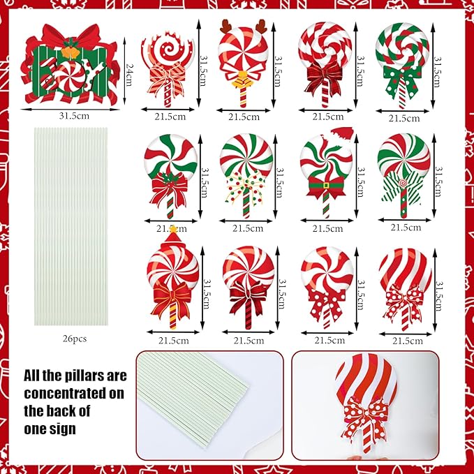 JOICEE Christmas Outdoor Yard Signs Candy Decorations, Peppermint Lollipop Candy Signs with Stakes for Holiday Party Home Lawn Pathway Decorations Supplies