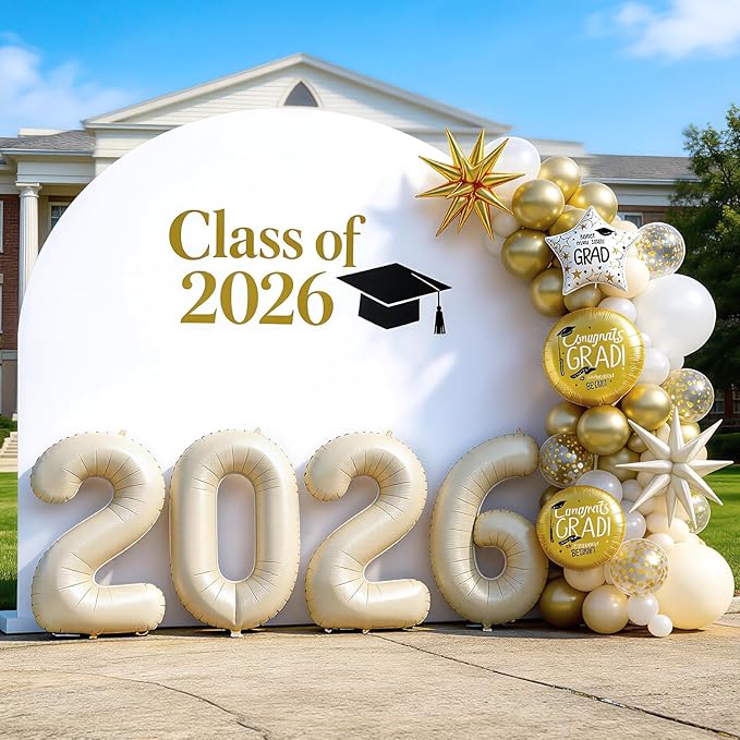 Sand White Gold Balloon Arch Kit, Graduation Balloon Garland Sand Gold White Balloons with Foil Star Confetti Balloons for 2026 College High School Graduation Decorations Class of 2026