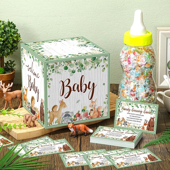 Glenmal 52 Pcs Baby Shower Games Gift Sets Large Baby Bottle for Shower Game Guess How Many Candies Decorations for Gender Reveal(Woodland Animal)