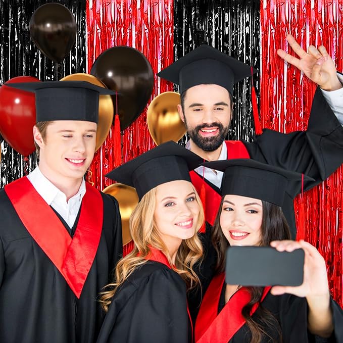 3 Pack Black Red Foil Fringe Curtain Backdrop, 3.28Ft x 8.2Ft Metallic Tinsel Foil Fringe Streamer Curtains for Photo Booth, Christmas Day, New Year, Wedding Party Decorations